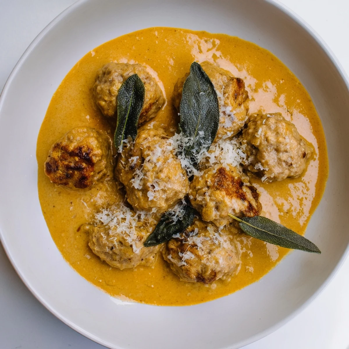 Close-up shot shows tender Turkey Meatballs with Pumpkin Sage Sauce bubbling in a flavorful sauce.