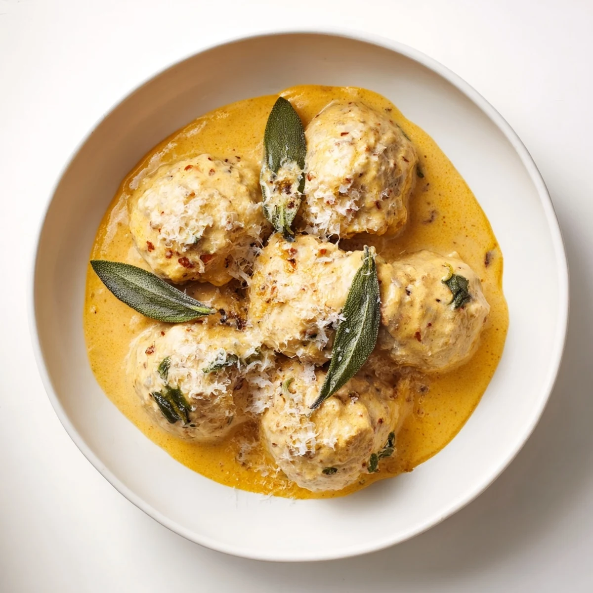 Hearty Turkey Meatballs with Pumpkin Sage Sauce, served over pasta and sprinkled with fresh herbs.