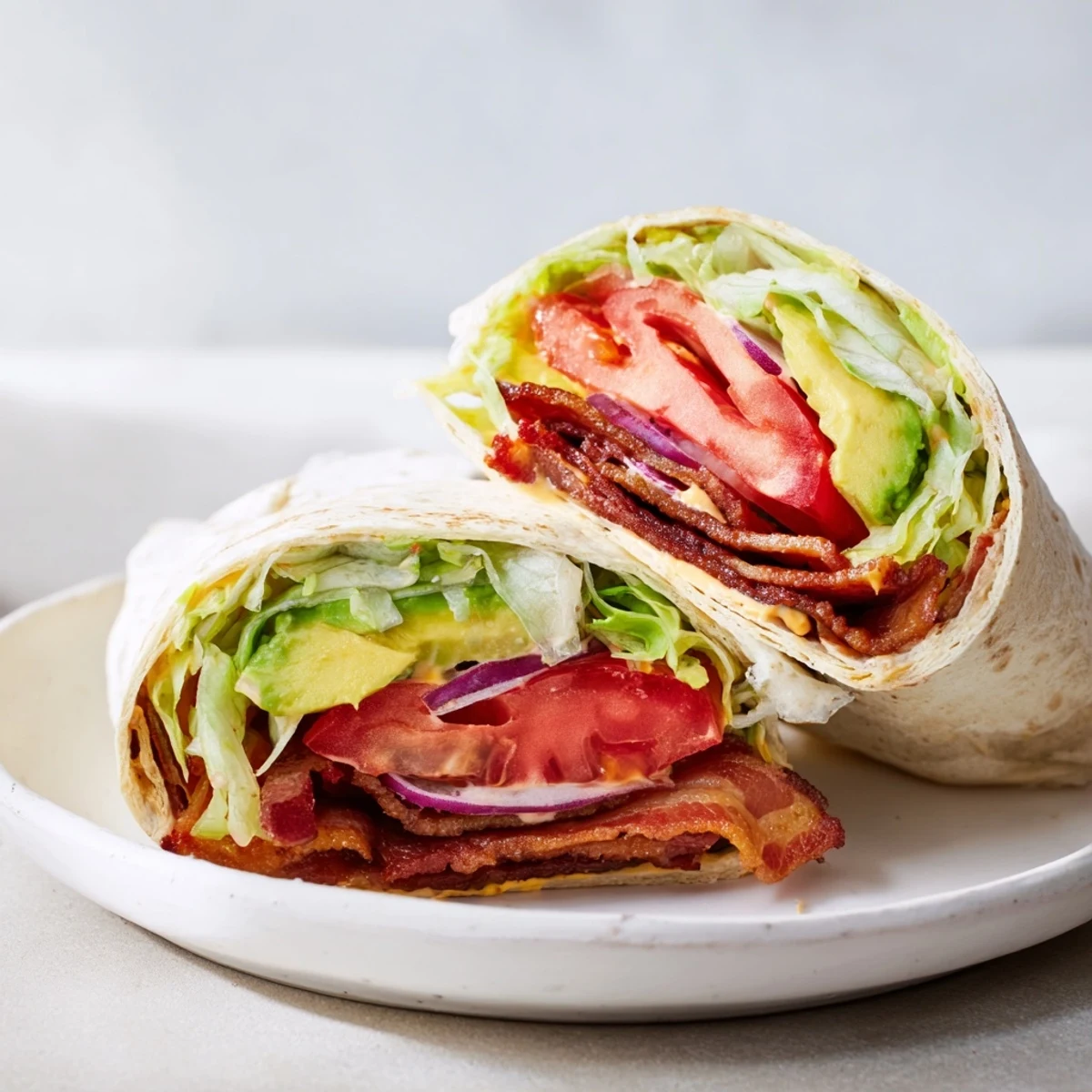 Image of Zesty BLT Wraps with chipotle mayo featuring bacon, tomato, and red onion, ready to eat.