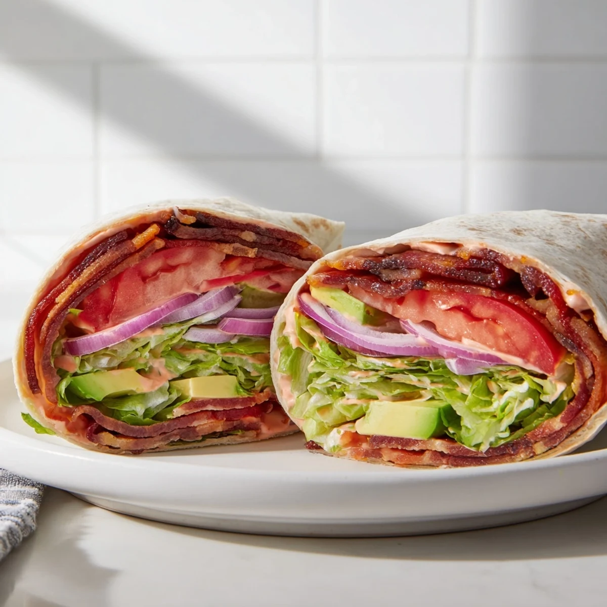 Delicious Zesty BLT Wraps brimming with chipotle mayo, juicy tomatoes, and perfectly cooked bacon in a tortilla.