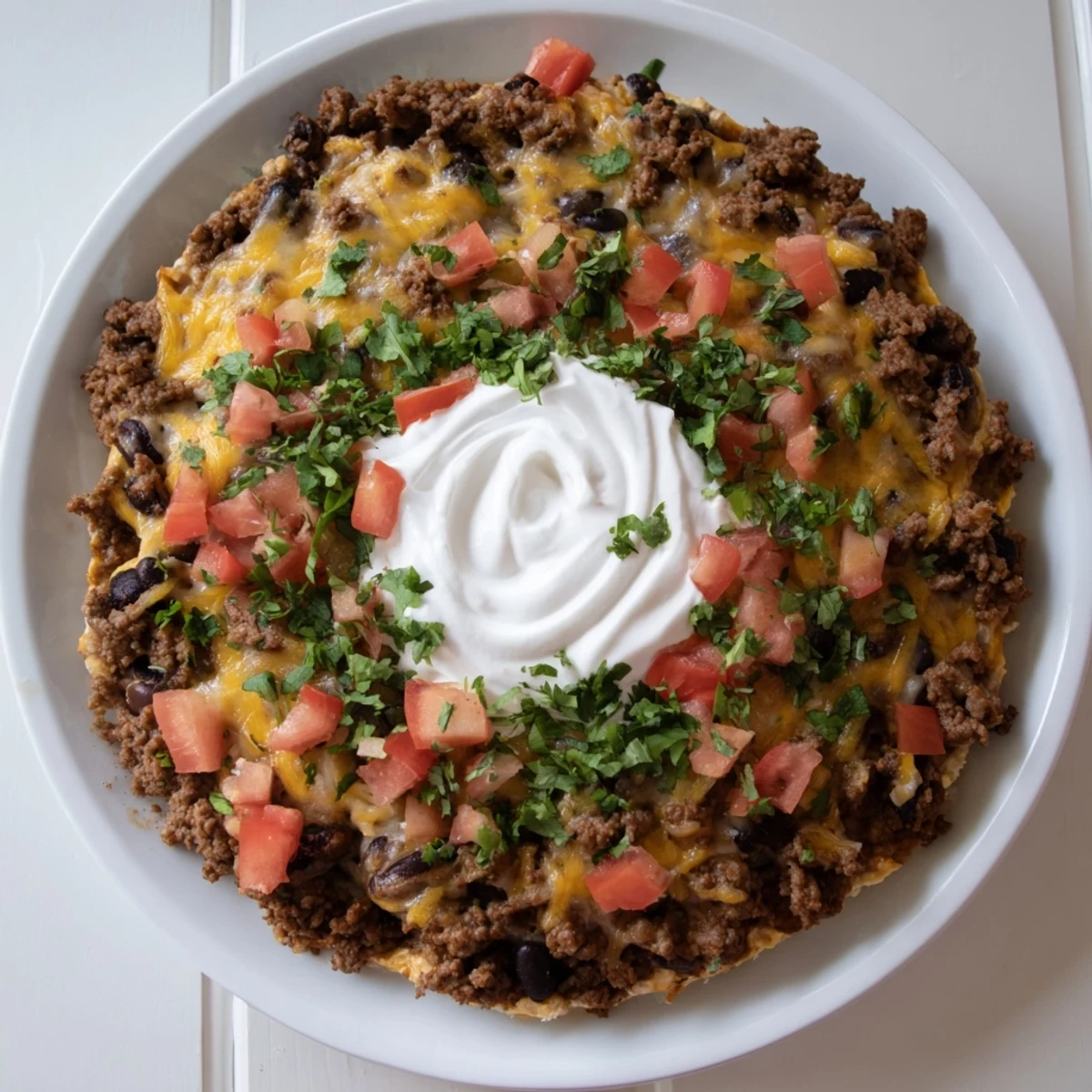 A close-up view of Slow Cooker Cream Cheese Taco Dip: savory beef and beans in a creamy, cheesy dip.