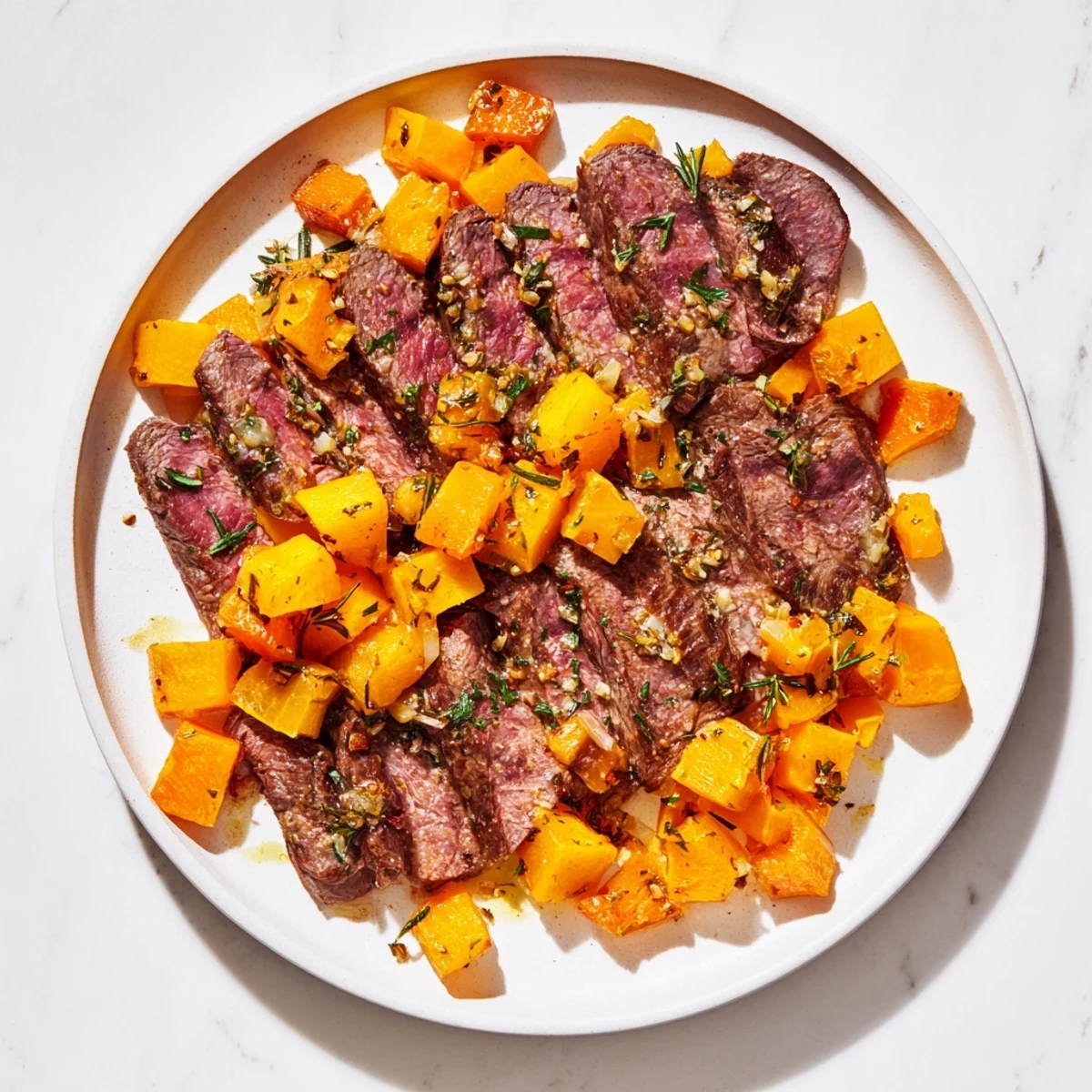Juicy steak bowls with butternut squash - a delicious blend with vibrant herbs and tender roasted squash.