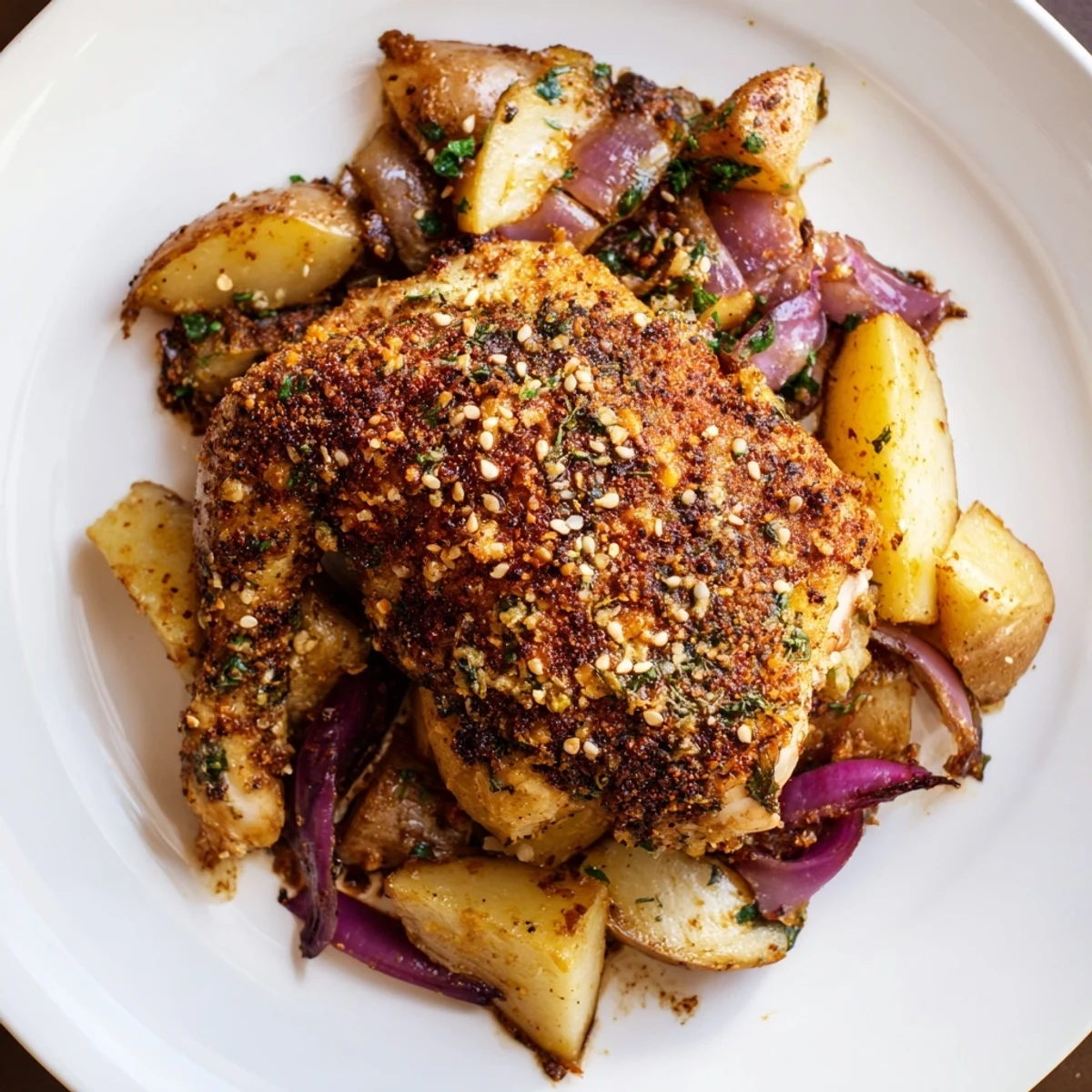A delicious close-up of beautifully roasted Pan-Roasted Zaatar Chicken and Potatoes, ready to serve with lemon.