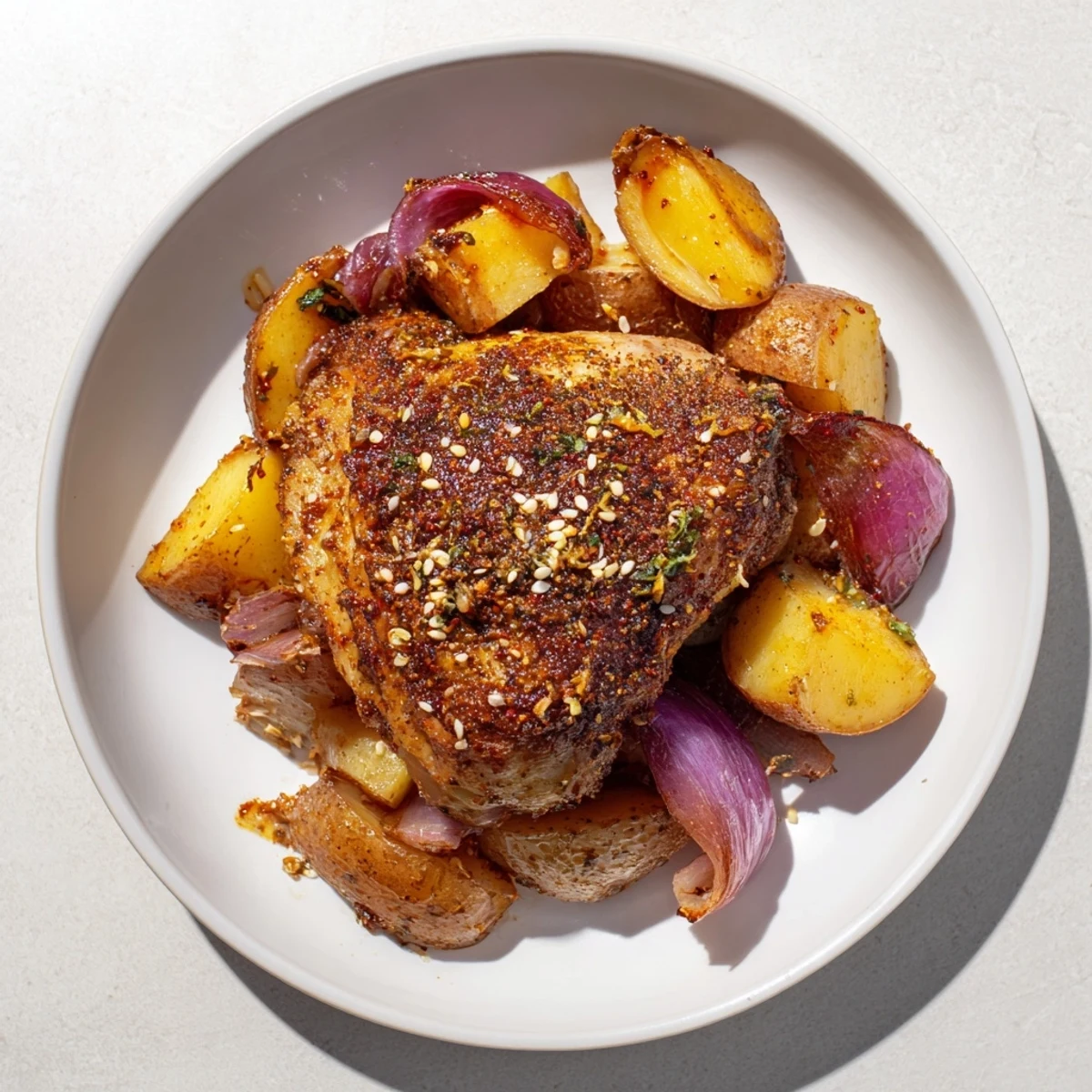 Sizzling skin and aromatic spices cover the flavorful Pan-Roasted Zaatar Chicken and Potatoes in a roasting pan.