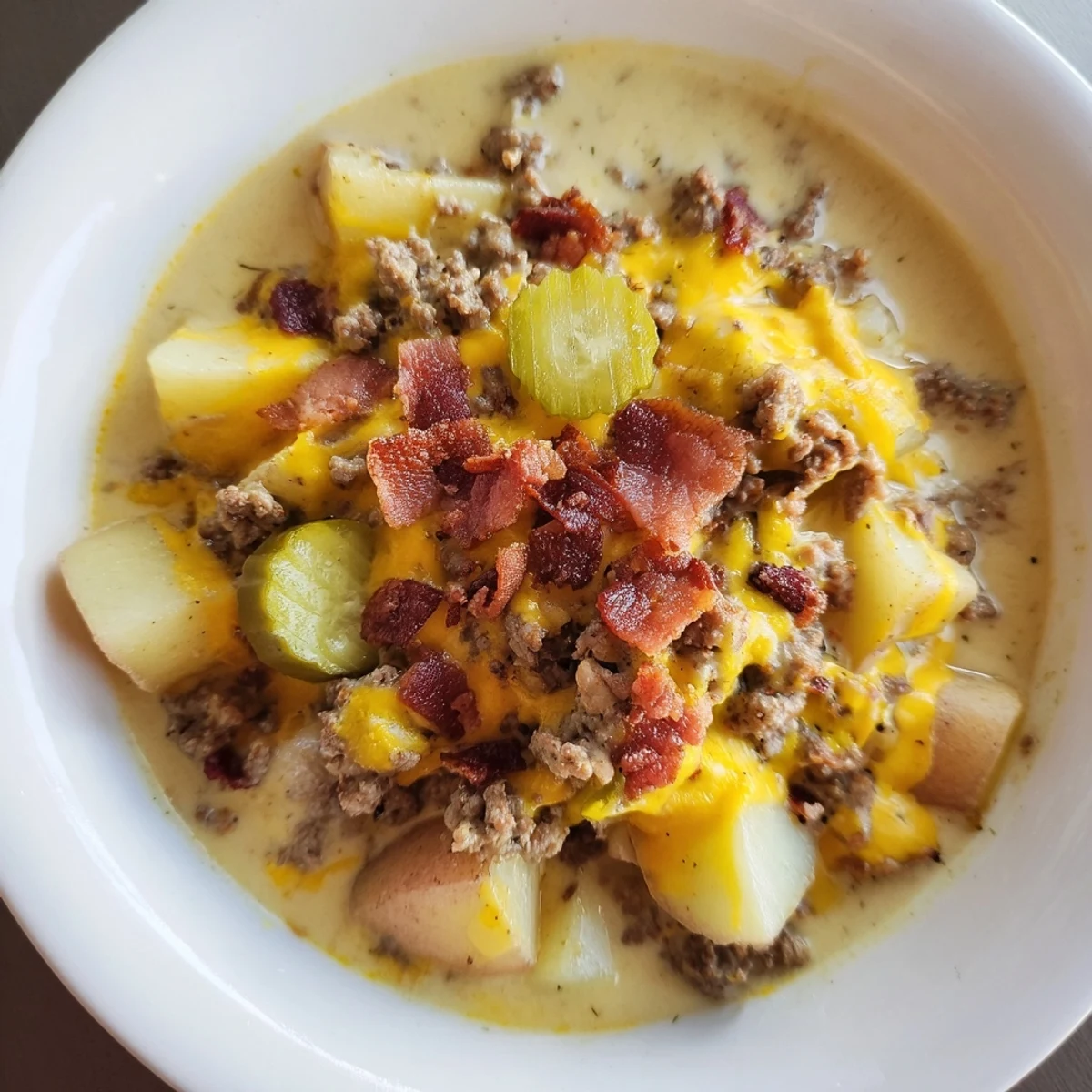 Crockpot Cheeseburger Soup overflowing a bowl, topped with shredded cheddar, crispy bacon, and pickles.