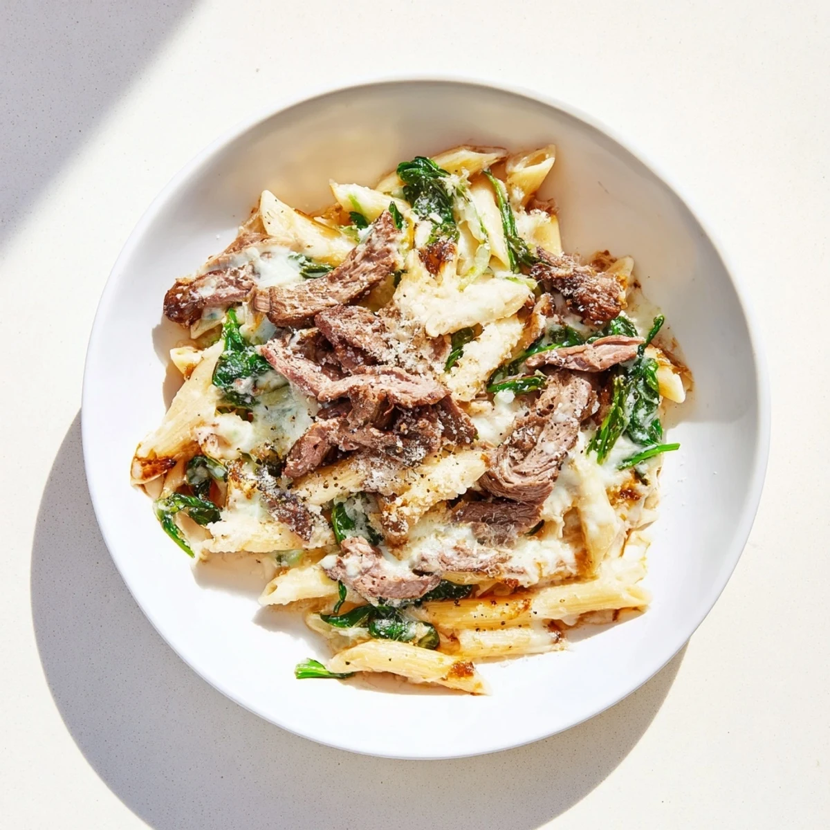 Steak & Spinach Artichoke Pasta Bake bubbling with golden mozzarella, served in a casserole dish.