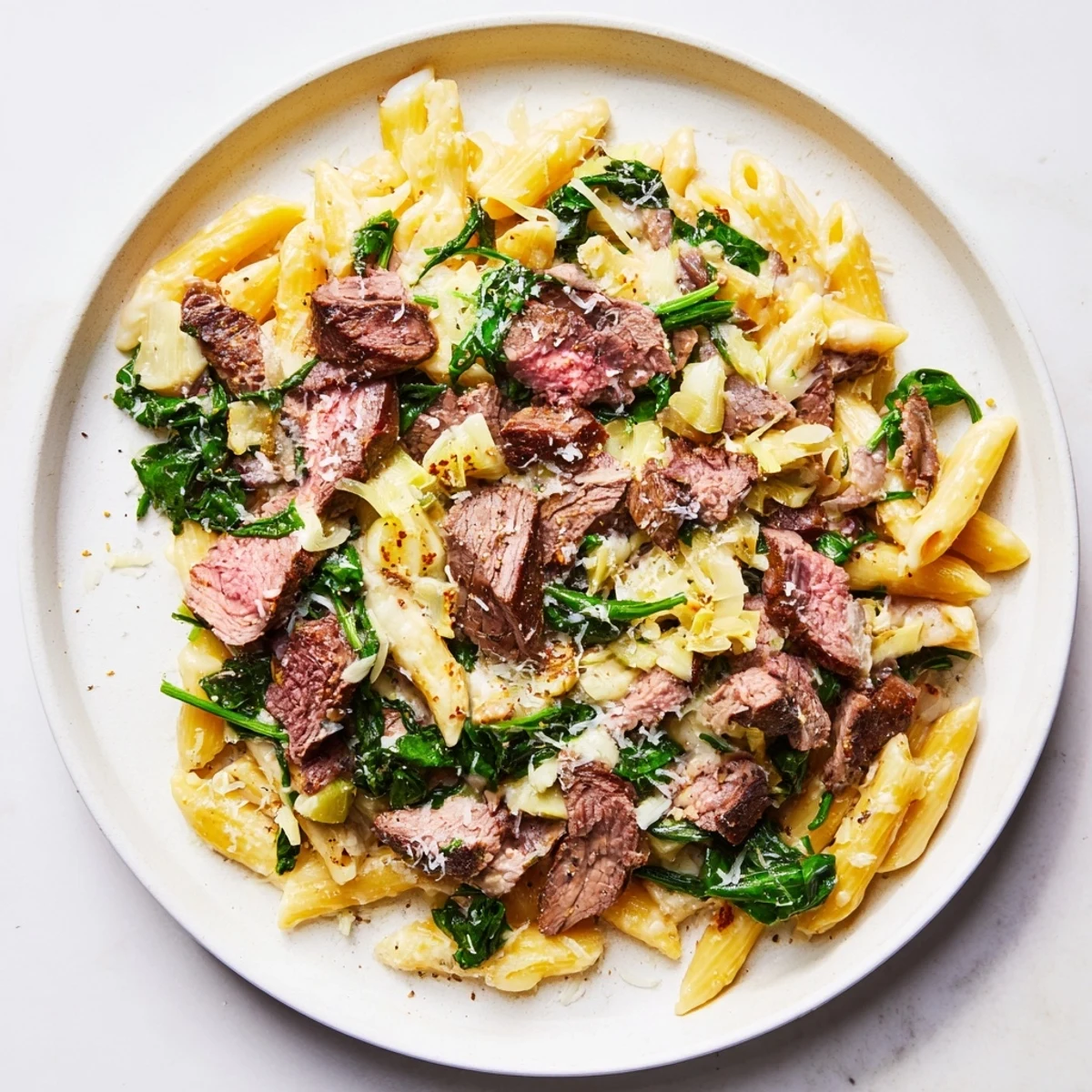Baked Steak & Spinach Artichoke Pasta: A savory pasta dish with melted cheese and fresh spinach.