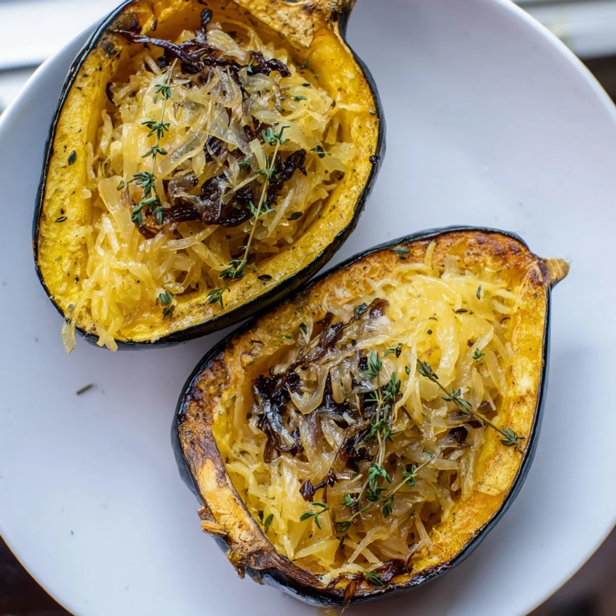 Roasted Caramelized Onion Gruyere Acorn Squash, a golden image of cheesy baked goodness, perfect main course.