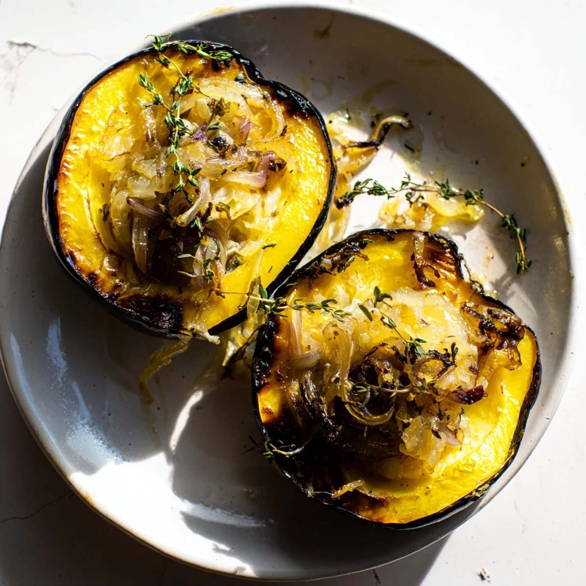 Warm, creamy Caramelized Onion Gruyere Squash, topped with herbs, offering a delightful vegetarian dinner.