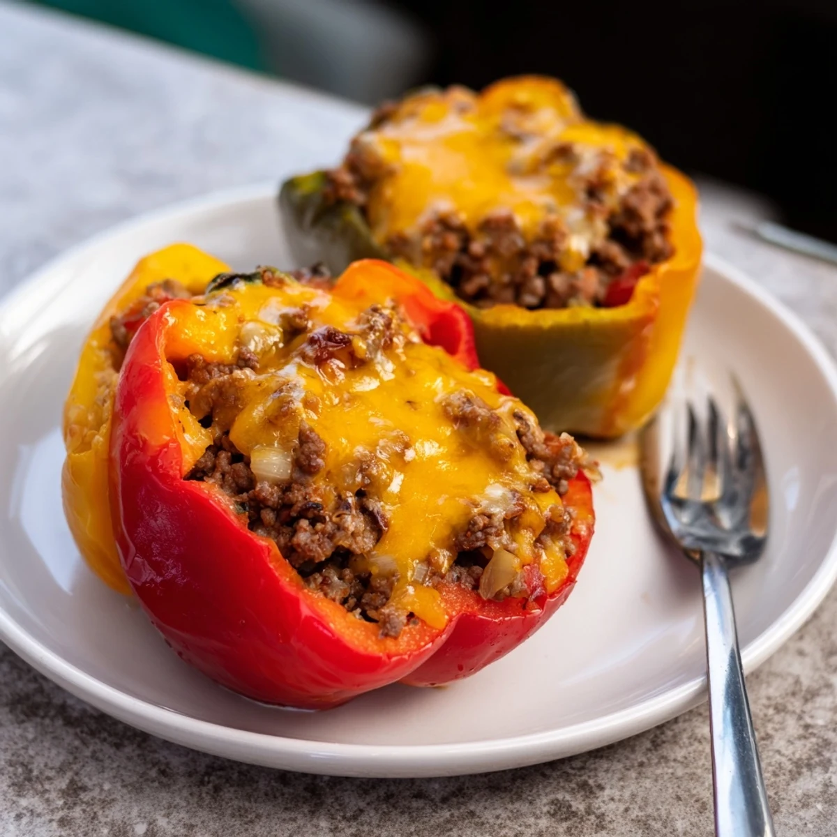 Savory Sloppy Joe Stuffed Bell Peppers are baked to tender perfection with melted cheddar cheese on top.