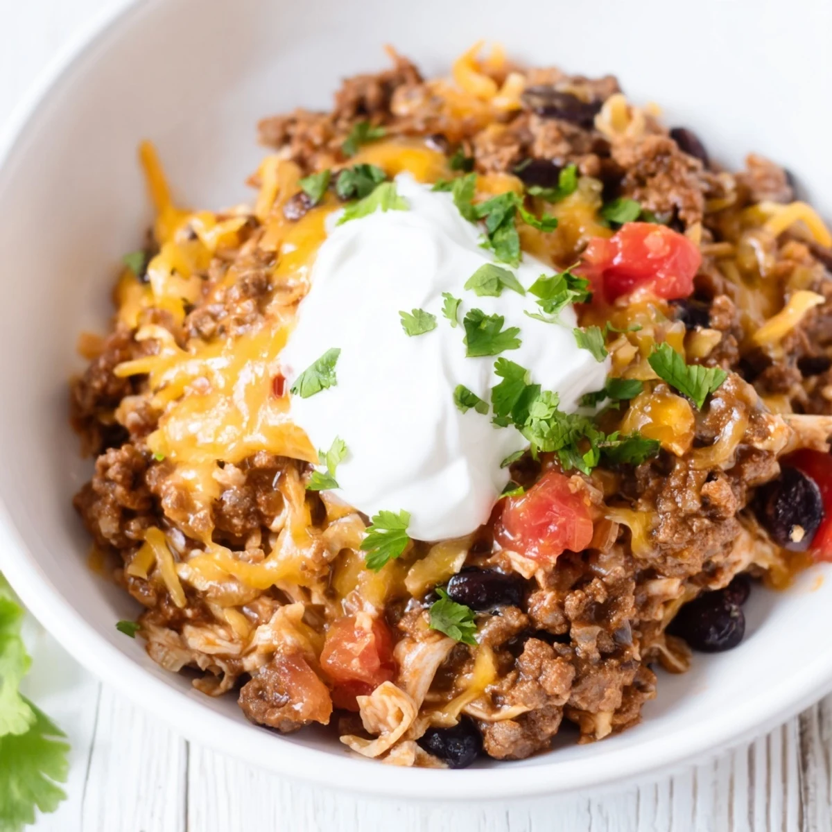 A close-up of the Slow Cooker Cream Cheese Taco Dip showing the creamy texture and melted cheese.