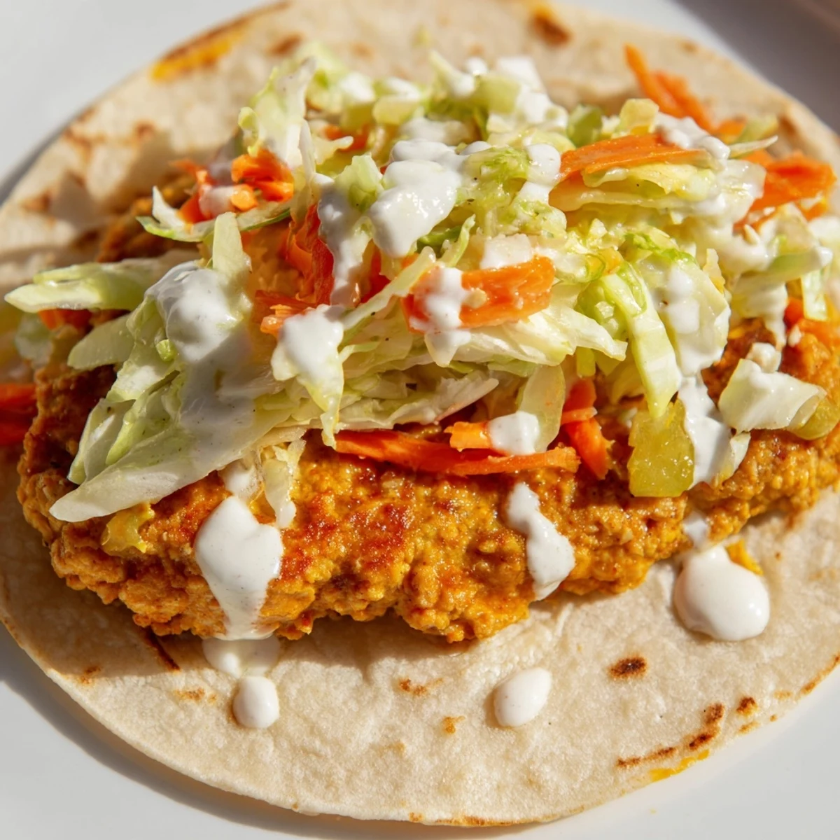 Savory Buffalo Chicken Smash Burger Tacos with vibrant orange sauce, perfect for a quick dinner.
