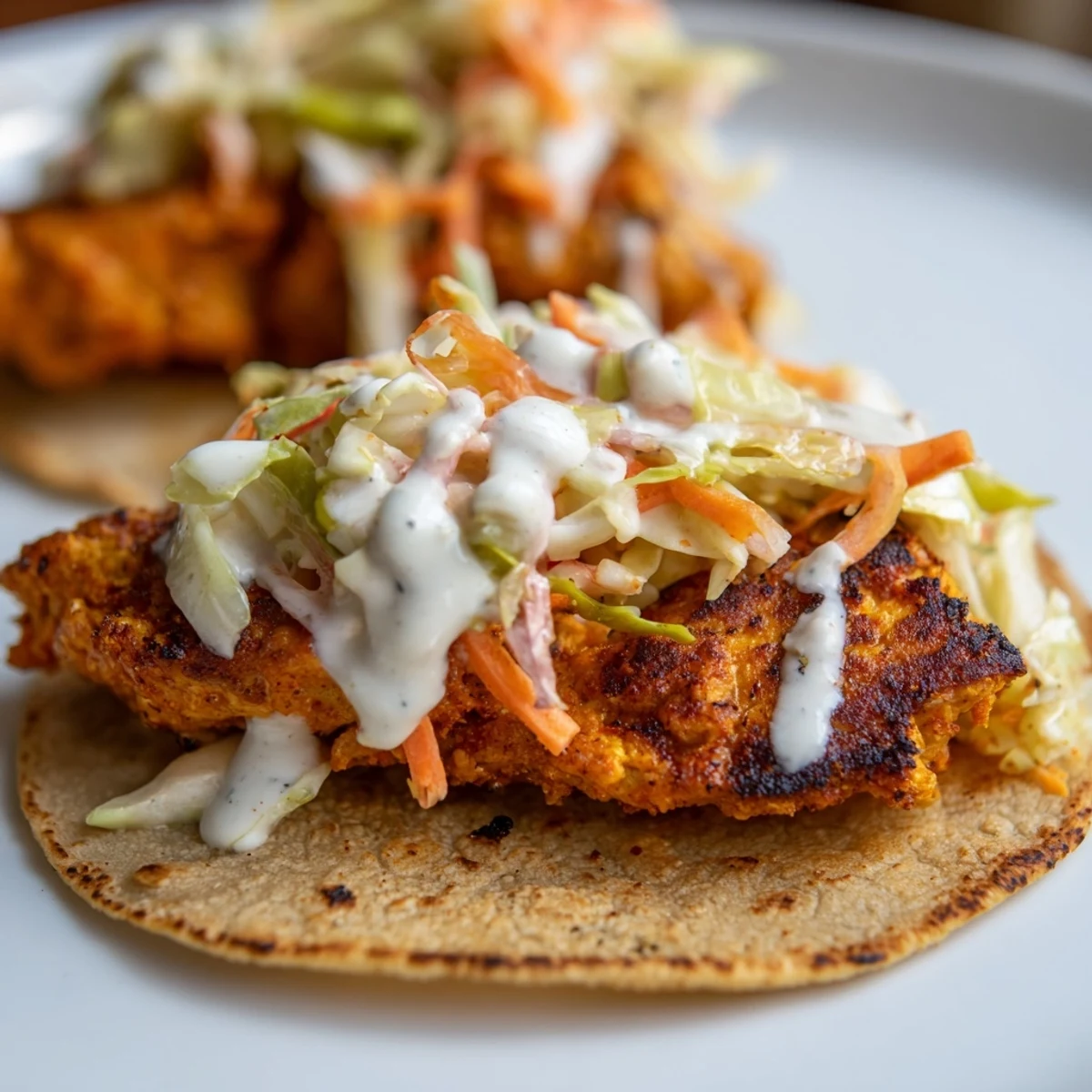 Close-up of crispy Buffalo Chicken Smash Burger Tacos, ready to be enjoyed with fresh ranch slaw.