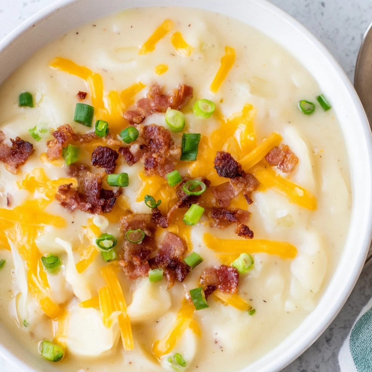 Creamy Crockpot Loaded Baked Potato Soup offering a delicious and comforting, cheese-filled delight, ready to serve hot.