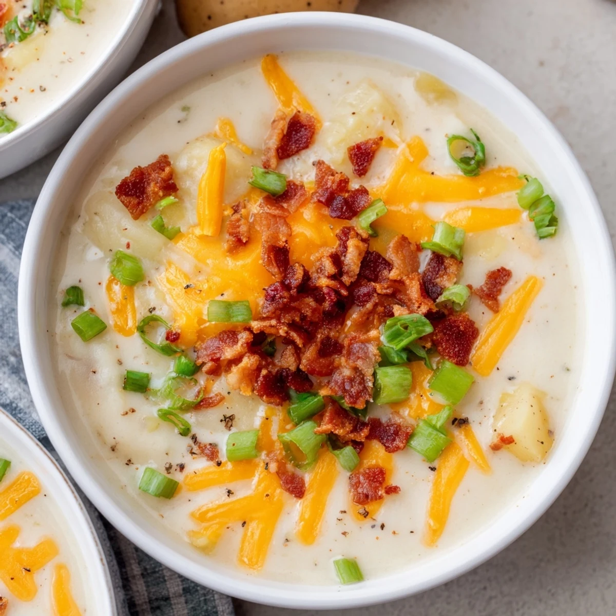 A close-up view of the rich, savory Crockpot Loaded Baked Potato Soup topped with crispy bacon and fresh green onions.