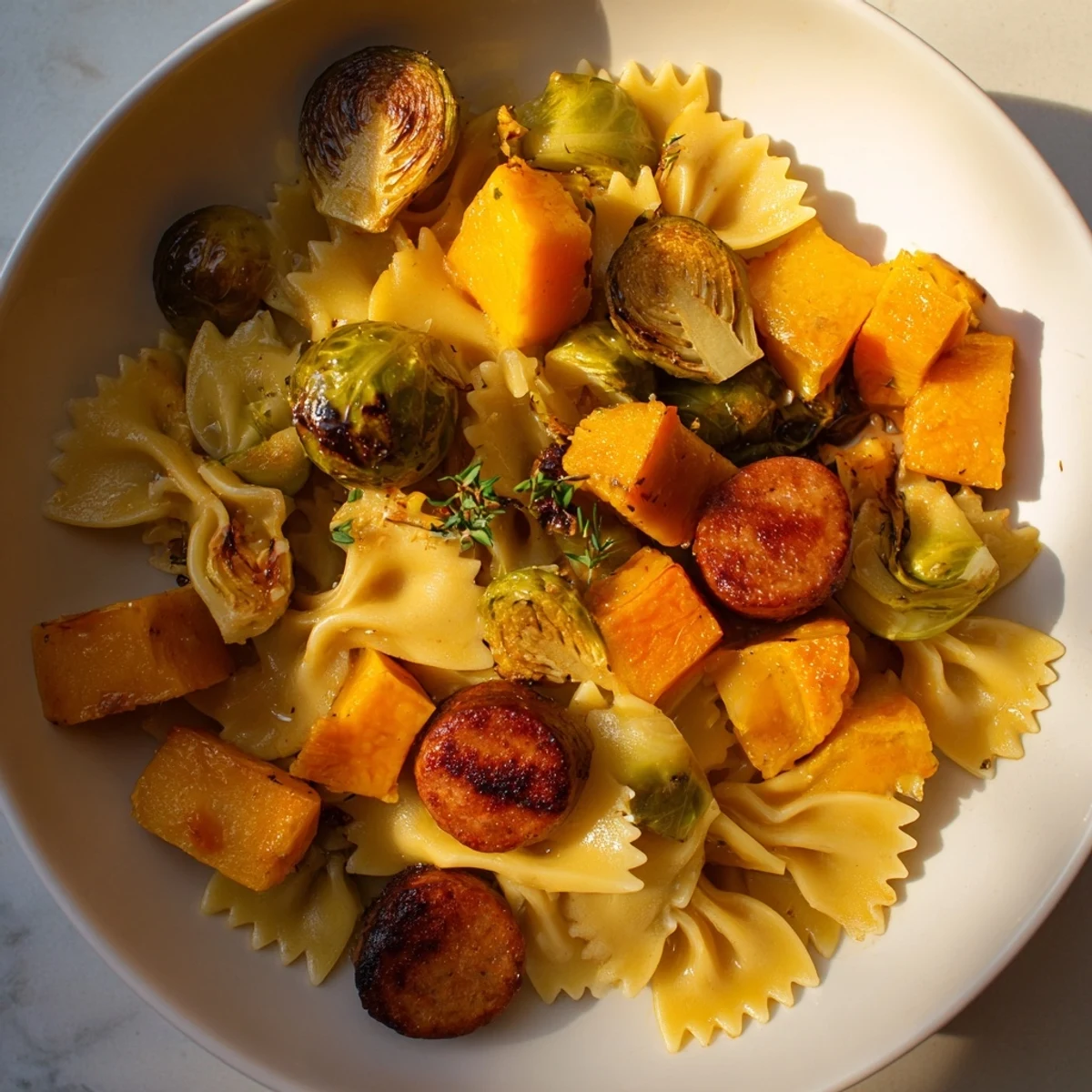 A warm bowl of autumn sausage pasta squash with a rich, buttery sauce and fresh thyme garnish.