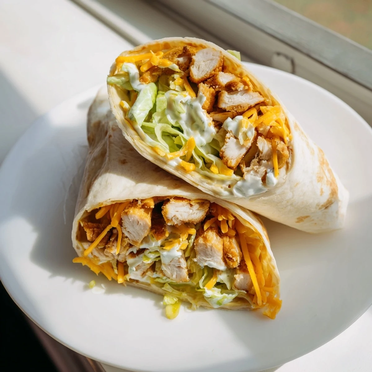A close-up of a perfectly rolled crispy chicken ranch snack wrap, showing cheese and chicken.