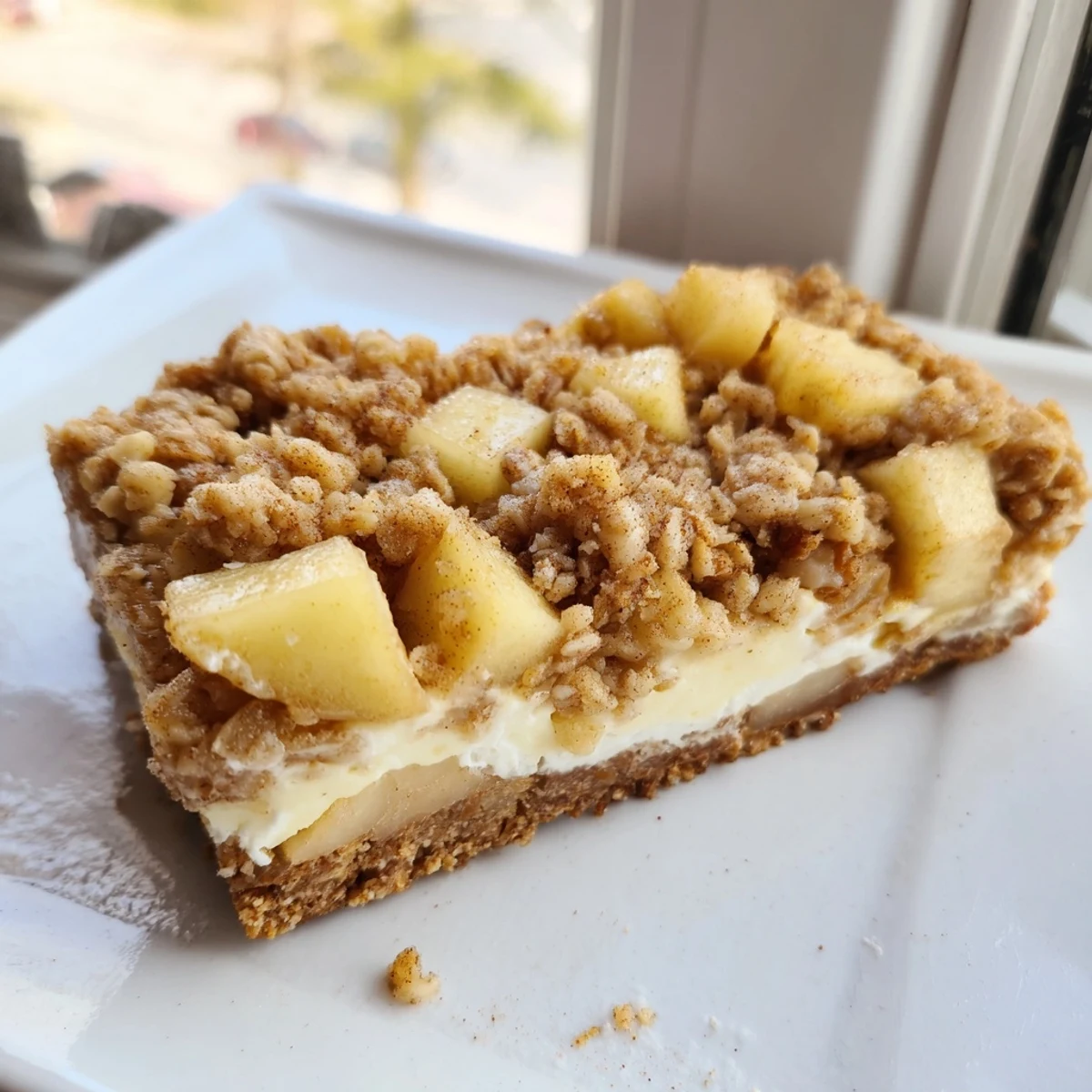 Golden-brown Apple Crisp Cheesecake Bars, boasting creamy cheese, spiced apples, and a crispy oat topping.