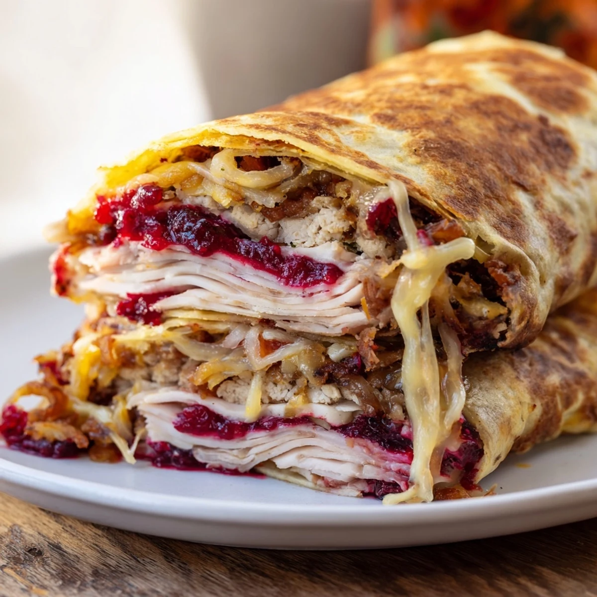 Golden-brown Turkey, Stuffing & Cranberry Leftovers Tortilla Wrap, perfectly crisp, delicious holiday leftovers transformed.