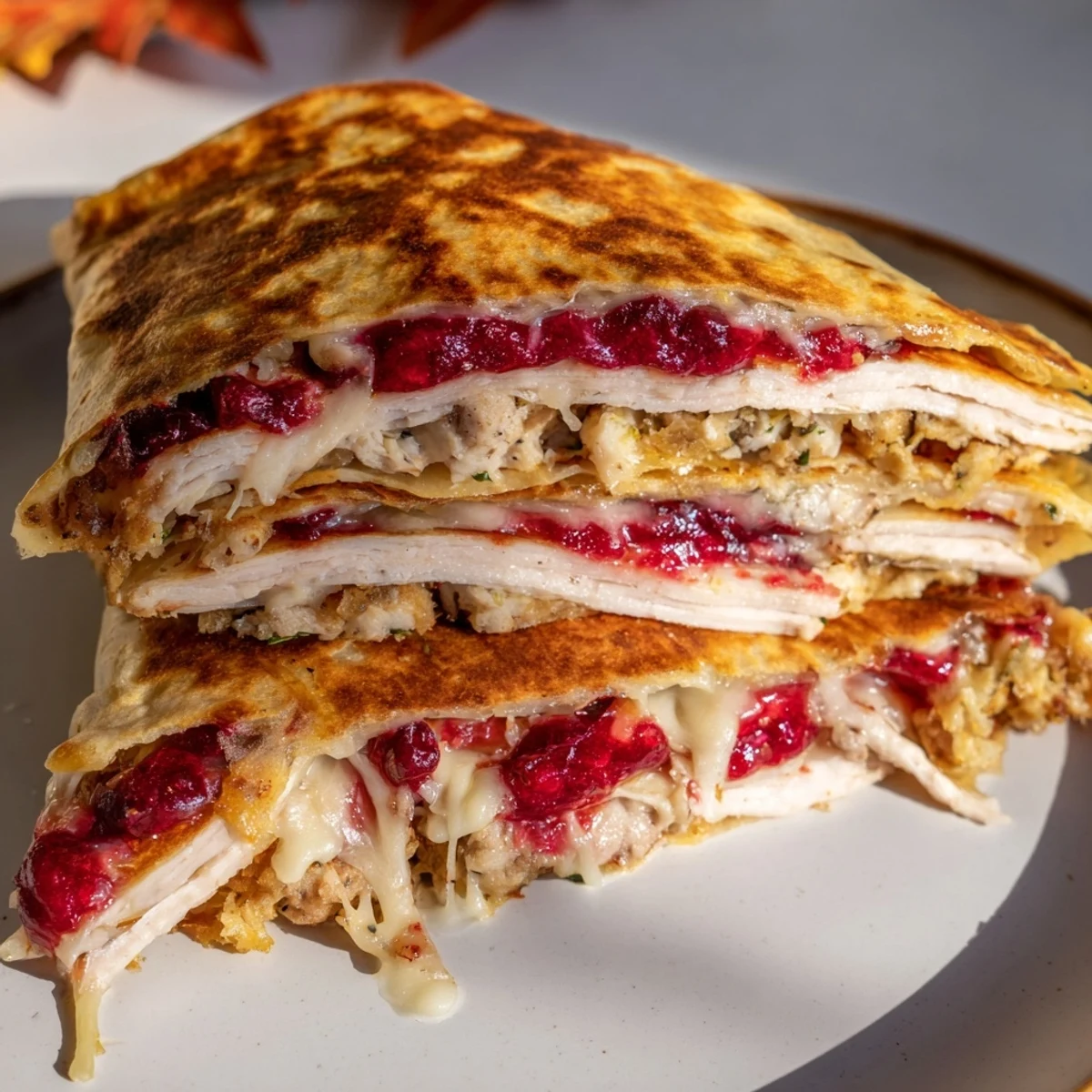 Melted cheese oozes in a Turkey, Stuffing & Cranberry Leftovers Tortilla Wrap, ideal for a quick and satisfying lunch.