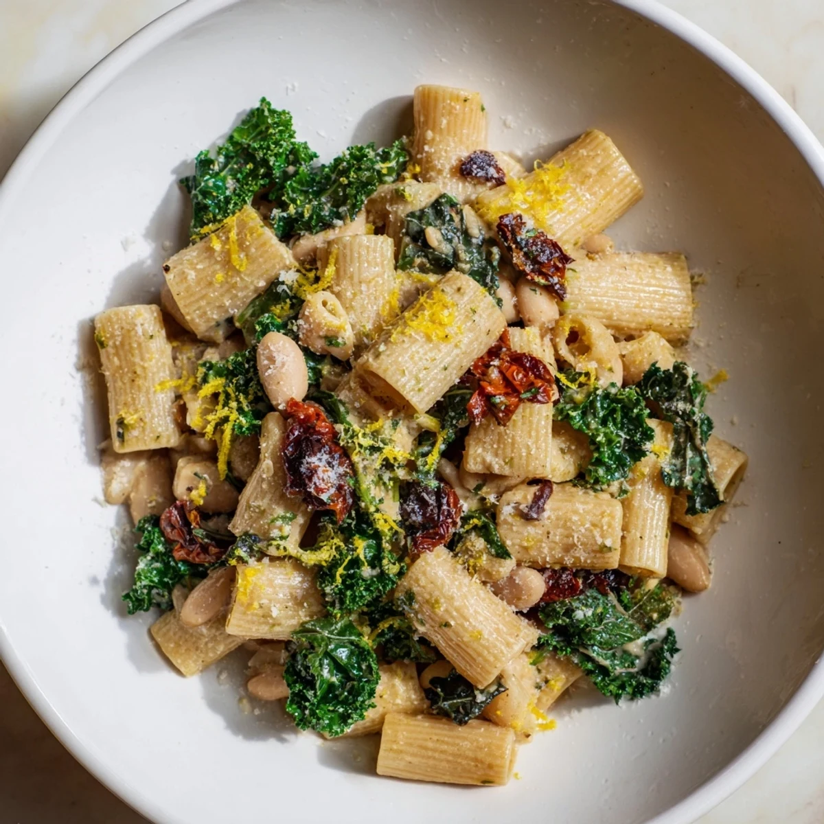 Creamy Healthy Tuscan White Bean & Kale Christmas Pasta, garnished with Parmesan cheese and fresh lemon zest.