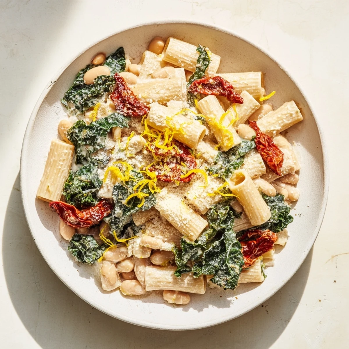 Steaming bowl of delicious Healthy Tuscan White Bean & Kale Christmas Pasta, full of vibrant kale and tomatoes.