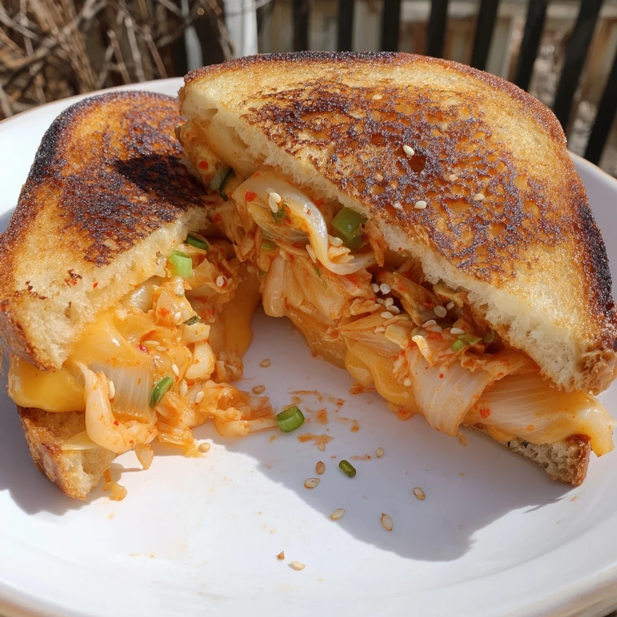 A close-up shot of the toasted Skillet Kimchi & Cheddar Fusion Grilled Cheese, with crispy bread and bubbling cheese.