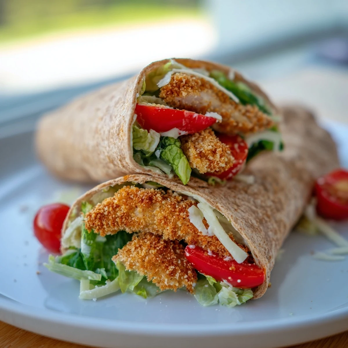 A close-up of a festive, golden-brown Crispy Santa Hat Chicken Caesar Wrap ready to be devoured.