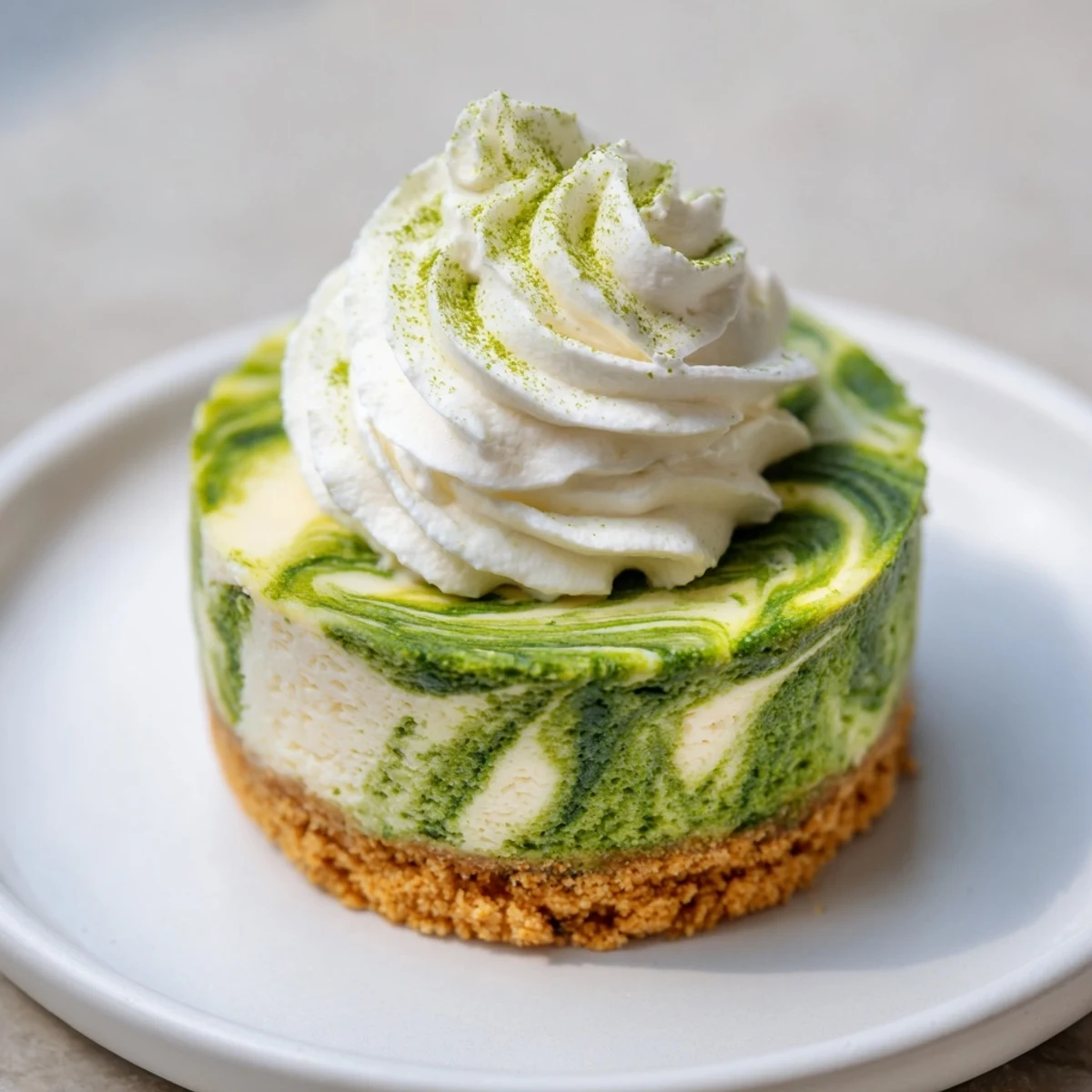 Beautiful matcha green swirl in these Snowdrift Cheesecake Cups, sitting on a crumbly graham cracker crust.