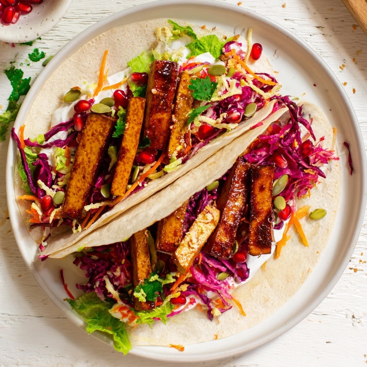 Close-up of a delicious sweet chili tofu crunch wrap, showcasing layers of texture and flavorful filling.