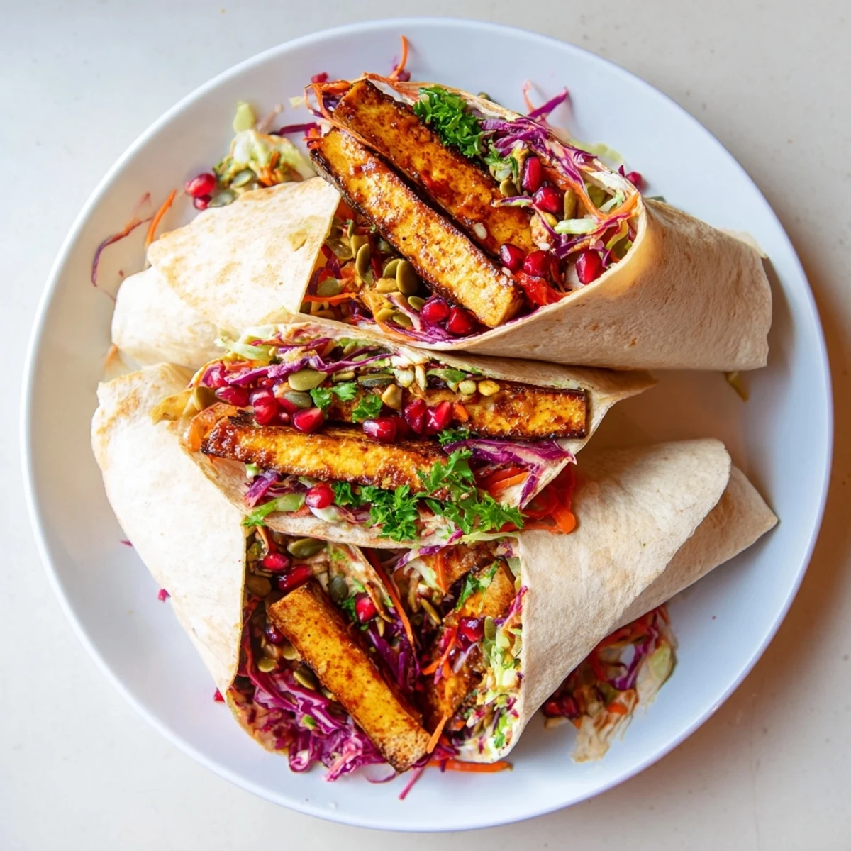 Sweet chili tofu crunch wrap with glistening tofu, colorful holiday slaw, and crispy tortilla chips.