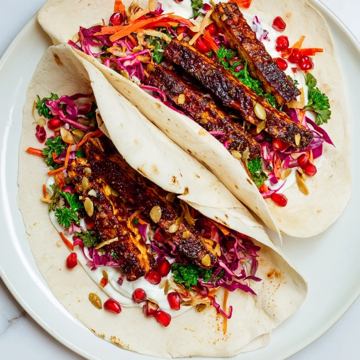 Golden-brown sweet chili tofu crunch wraps served with a vibrant and crunchy holiday slaw, ready to eat.