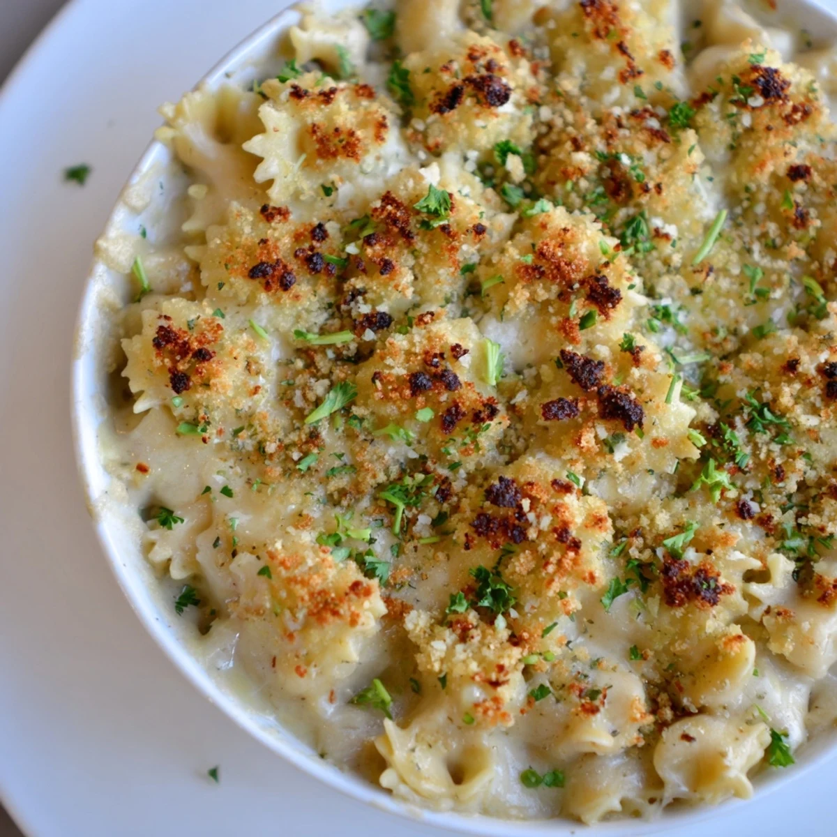 A close-up of creamy, cheesy lightened Mac & Cheese Snowflake Pasta Bake with a crispy breadcrumb topping.