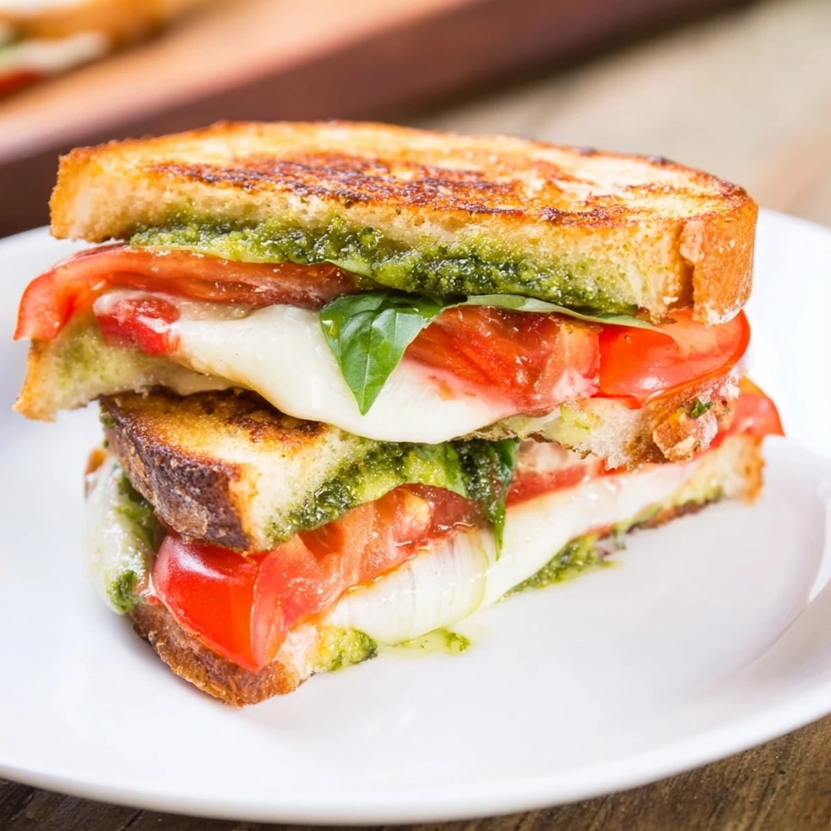 Close-up of a perfectly grilled Caprese Pesto Panini-Style Grilled Cheese, ready to be sliced and enjoyed.