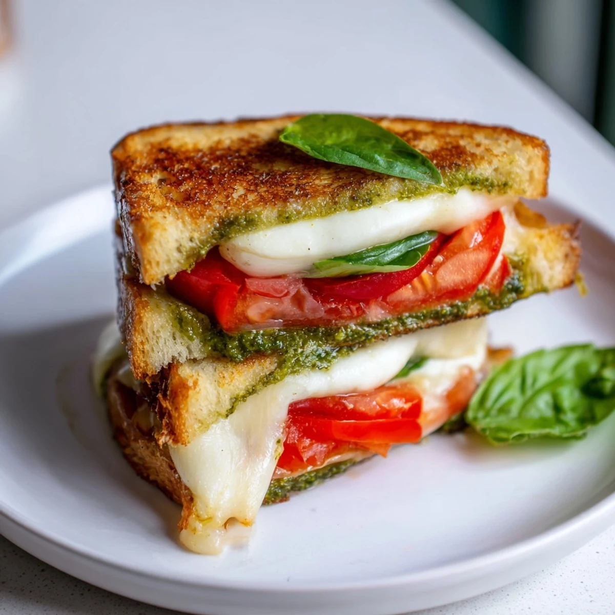 Warm and comforting Caprese Pesto Panini-Style Grilled Cheese, showcasing ripe tomatoes and golden, crispy bread.
