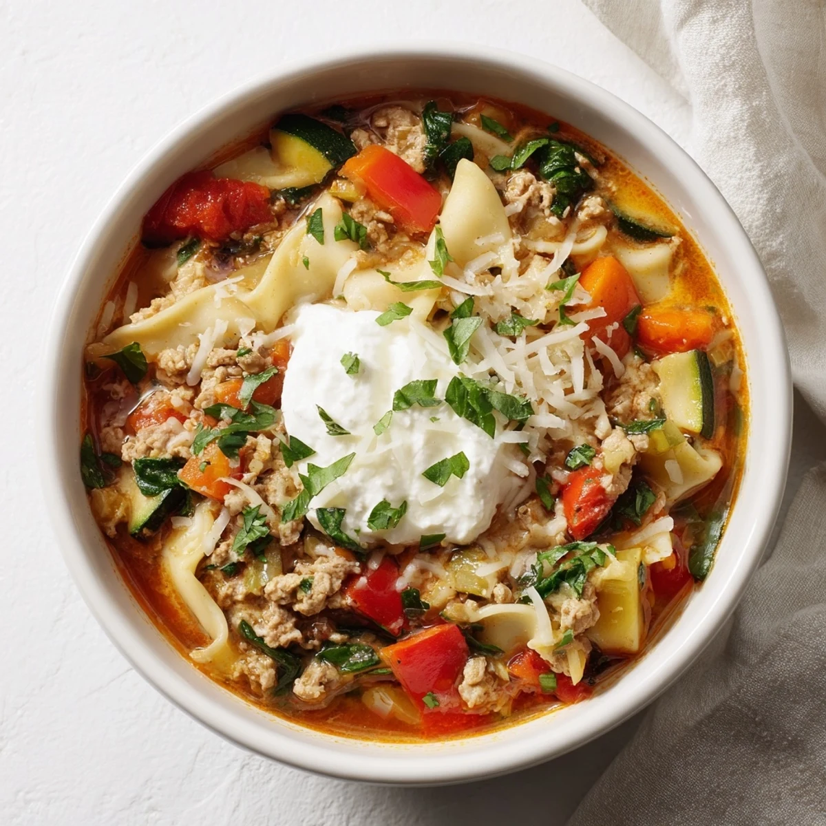 A steaming bowl of Healthy Lasagna Soup, perfect for a cozy Christmas dinner, garnished with fresh herbs.