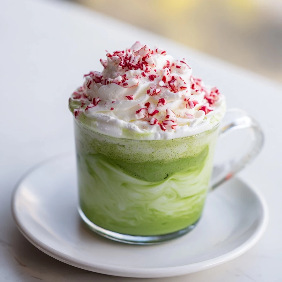 A vibrant, holiday-themed Cozy Peppermint Matcha Christmas Latte, rich green matcha swirls beautifully with milk.