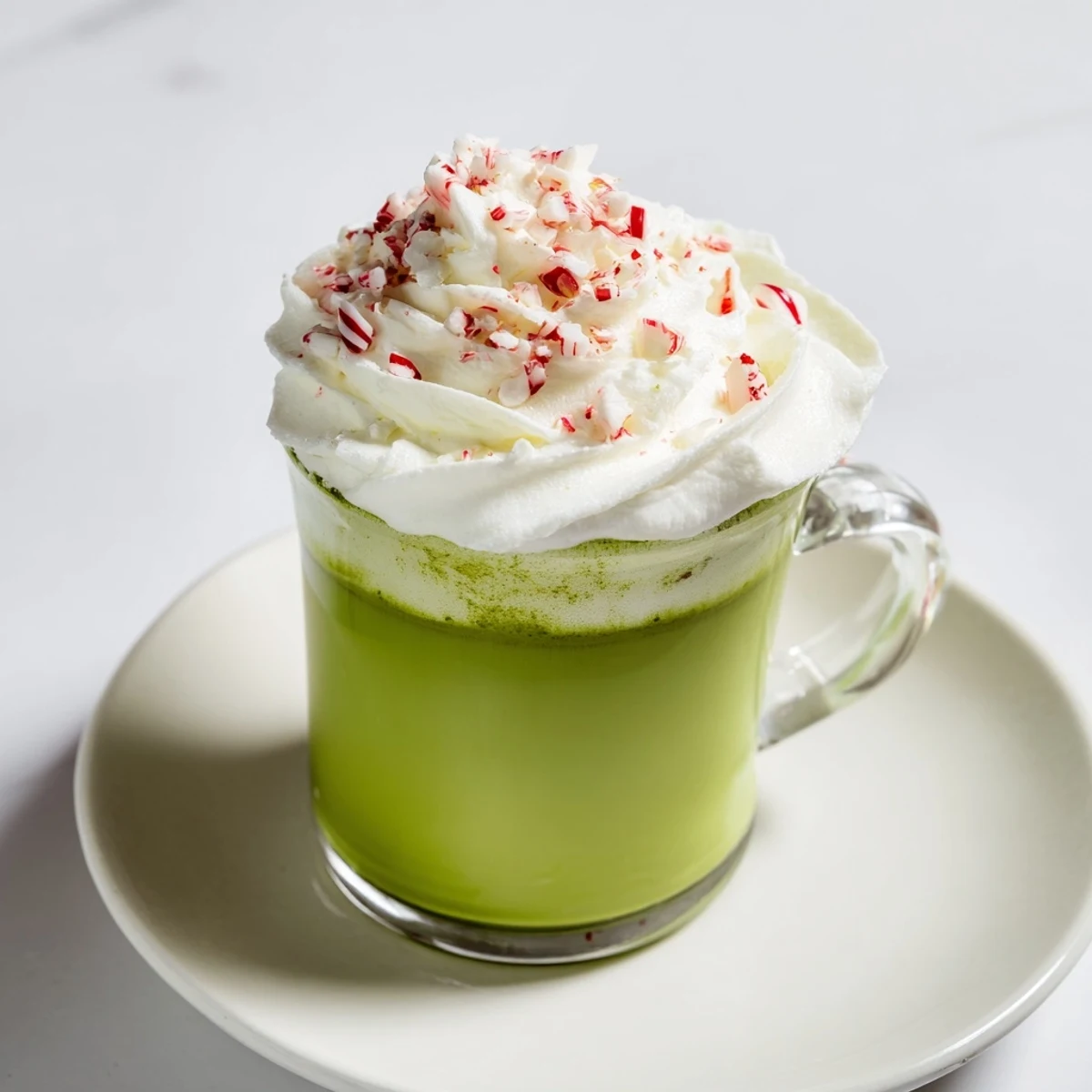 Frothy Cozy Peppermint Matcha Christmas Latte, a festive drink, presents a refreshing blend of flavors and textures.