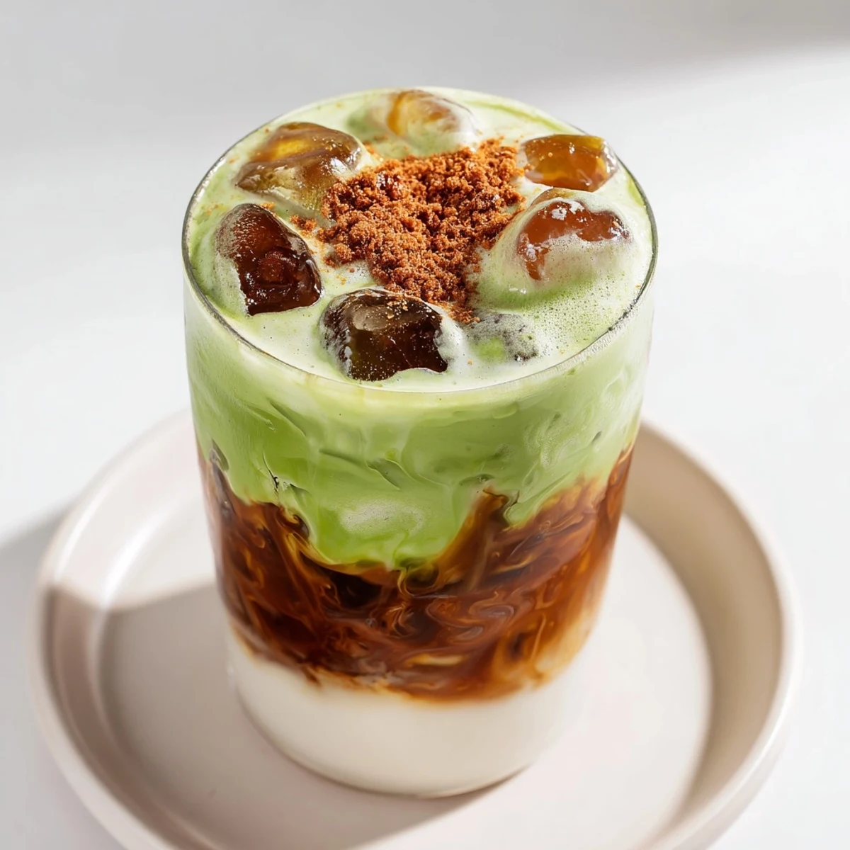 Glistening swirl of Caramel Brulée Iced Matcha Coffee Dupe, showcasing creamy layers with festive spices.