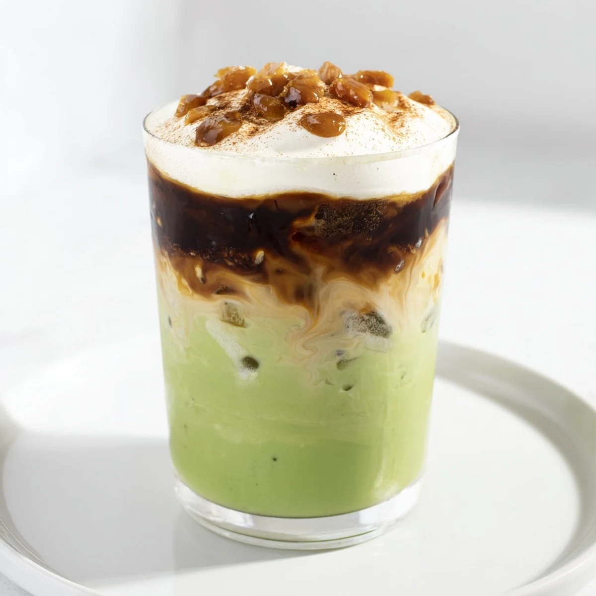 Frothy, layered Caramel Brulée Iced Matcha Coffee Dupe, a delicious holiday drink topped with whipped cream and caramel.