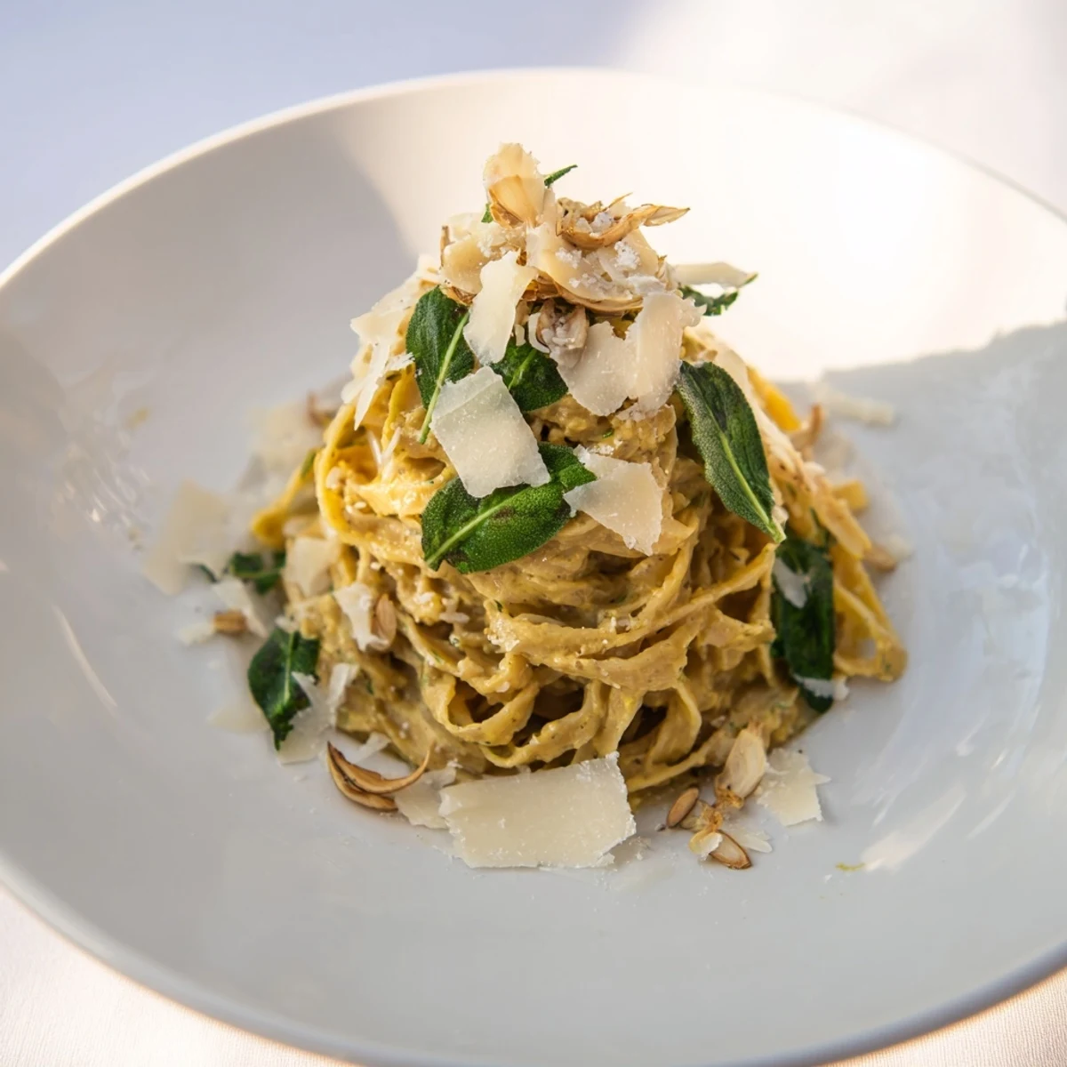 A steaming bowl of Healthy Creamy Pumpkin Sage Holiday Pasta, garnished with fresh herbs and cheese.