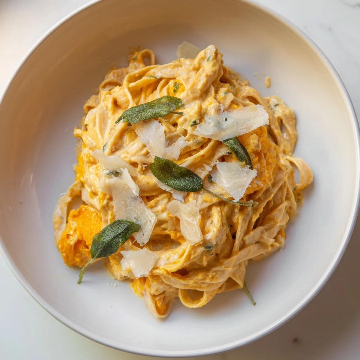 Vibrant orange Healthy Creamy Pumpkin Sage Holiday Pasta with creamy sauce, ready to be enjoyed.