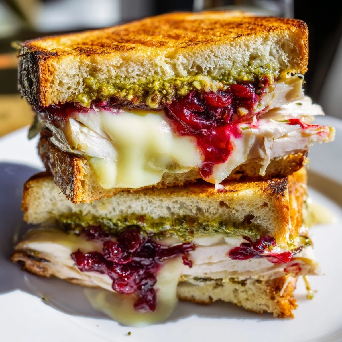 Toasted sourdough surrounds the delicious, festive Pesto Cranberry Turkey Grilled Cheese just sliced.