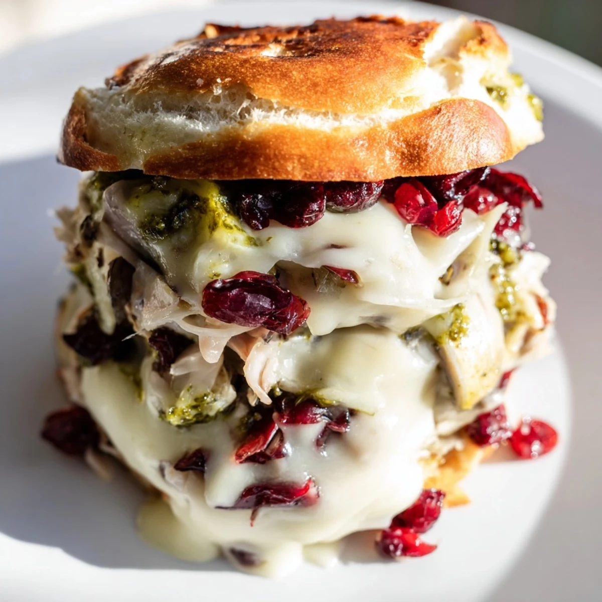 Golden, melty Pesto Cranberry Turkey Grilled Cheese, oozing with cheese and ready to eat.