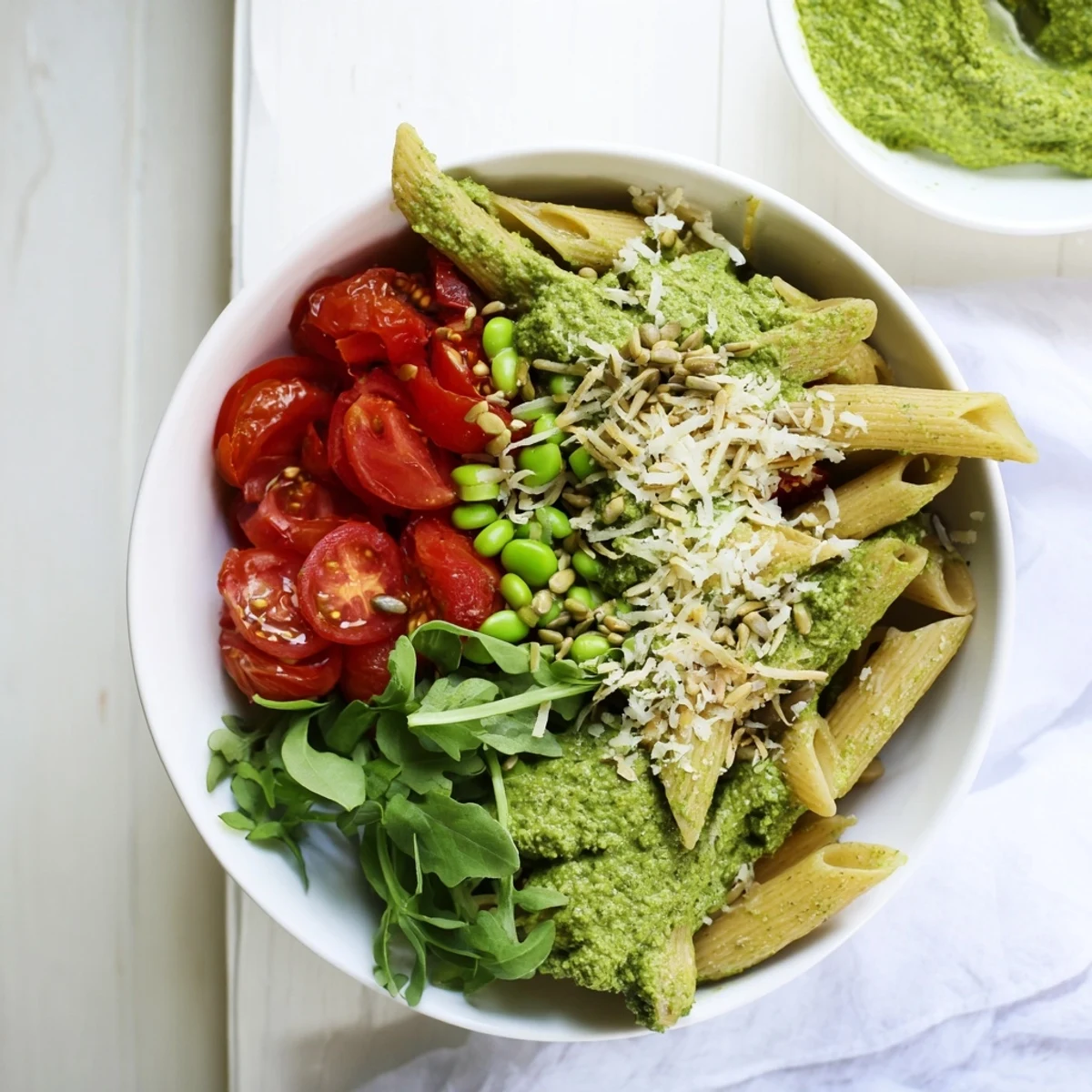 Creamy One-Pot Pesto Pea Protein Pasta, with visible green pesto and tender pasta pieces.
