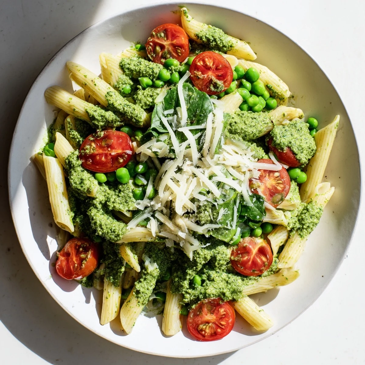 A close-up of delicious One-Pot Creamy Pesto Pea Protein Pasta ready to serve on a plate.