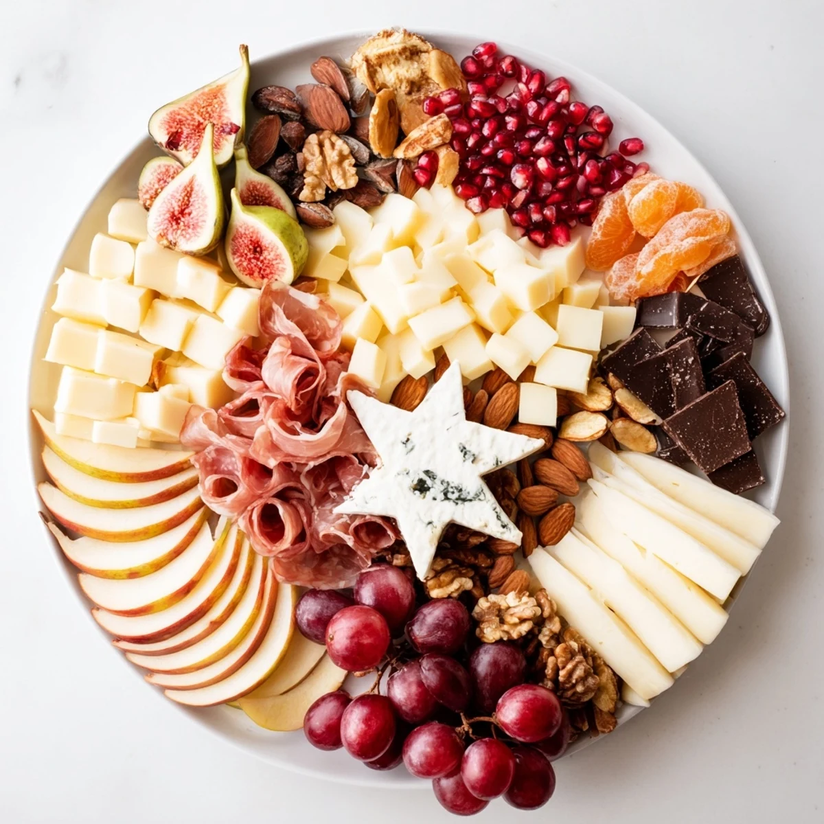 Éclat d’Étoiles Planche de Noël: A stunning Christmas charcuterie board with cheeses, meats, and sweet treats ready to enjoy.