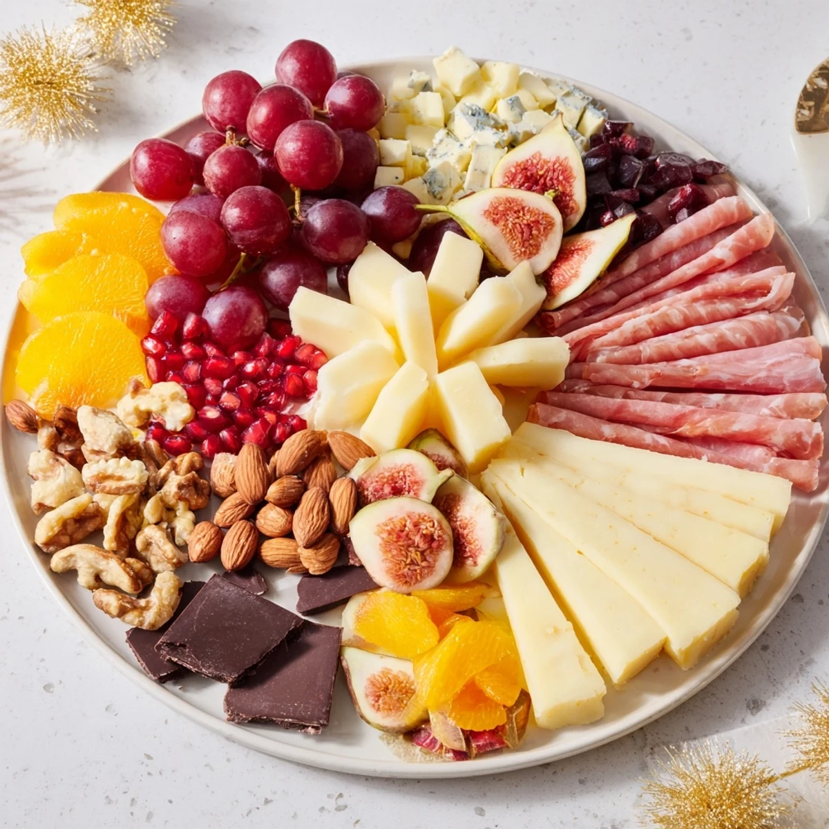 Éclat d’Étoiles Planche de Noël: Starburst-patterned platter overflowing with artisanal cheeses, cured meats, and festive fruit delights.