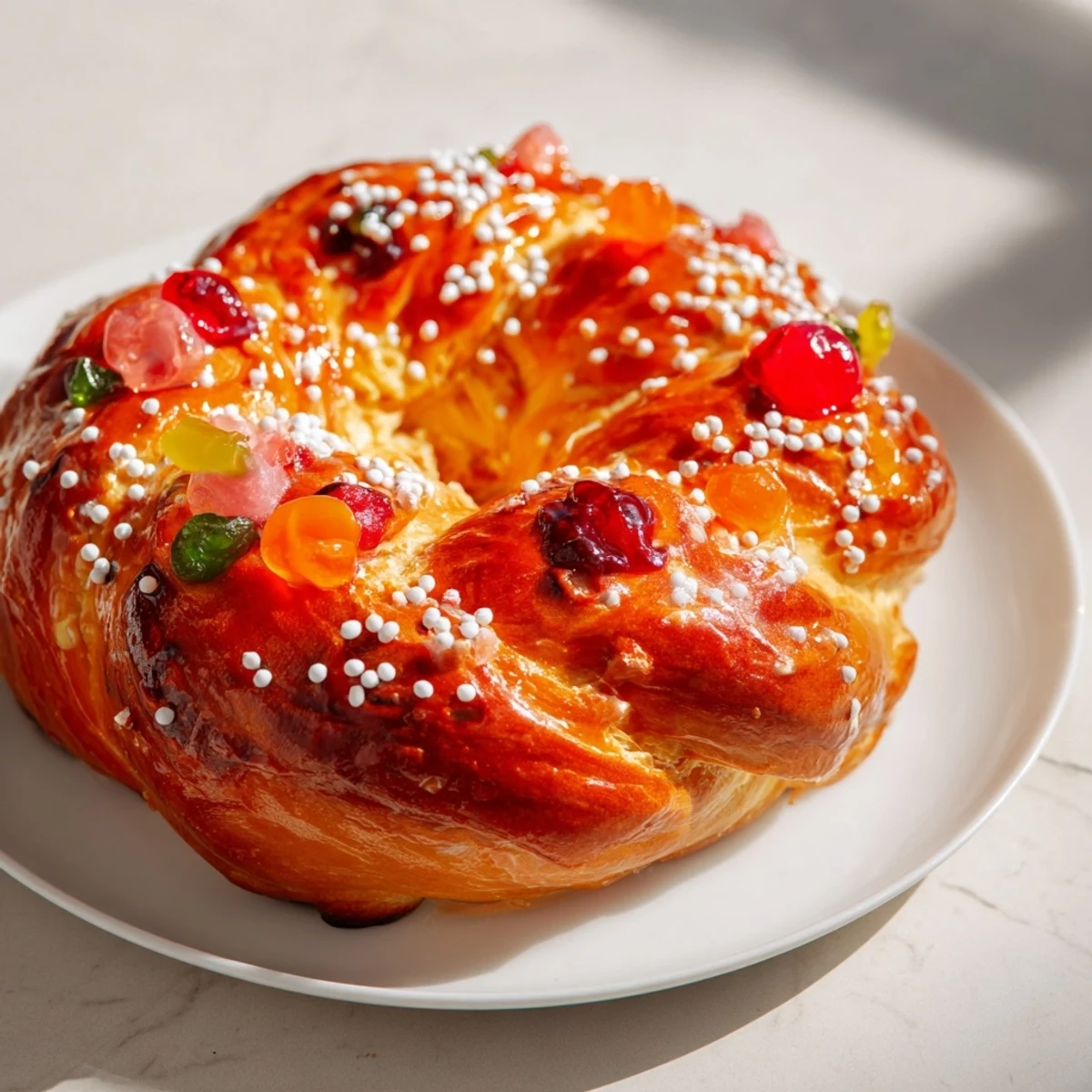 A golden-baked Couronne de Roi Bijoux Sucrés, beautifully adorned with colorful candied fruit, ready to enjoy.
