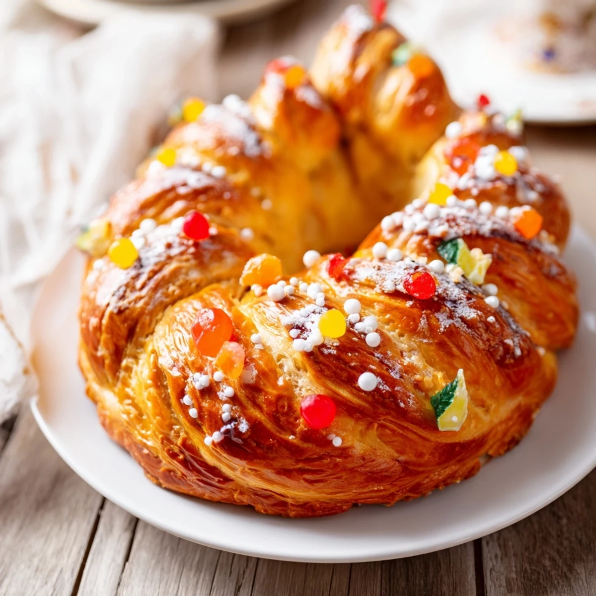 Imagine the fragrant, sweet aroma of this freshly baked Couronne de Roi Bijoux Sucrés, a stunning French dessert.